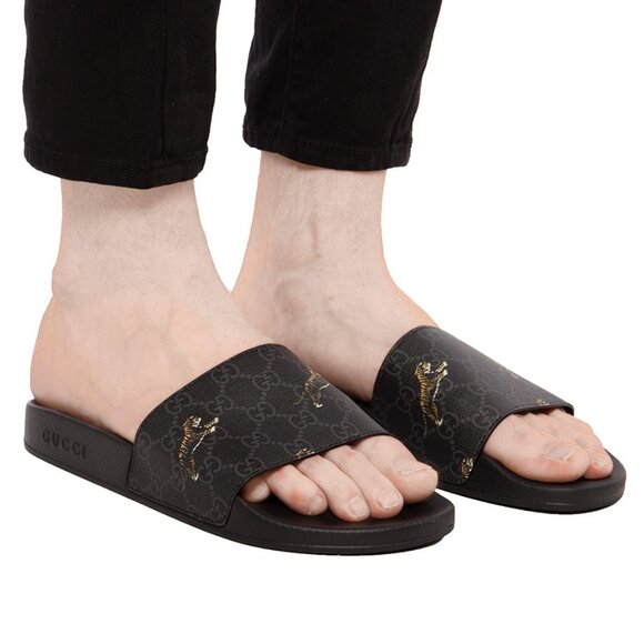 NEW GUCCI Men's GG Supreme Tiger Print Black Slides Sandals 9 G / US 9.5 Authen - Picture 6 of 11